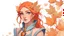 Placeholder: Generate a dungeons and dragons character portrait of the face of a female rouge autumn eladrin with orange hair and maple leaves in the hair. She has hypnotic blue eyes and wears a dress made out of leaves and one earring. She has a fan in her hand