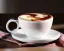 Placeholder: Cappuccino art microfoam in white smooth mug saucer Crawford plaid napkin Demitasse