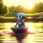 Placeholder: cute blessed chat robot sailing on a boat motor in the river,catching a big fish in a river stream, 8k, downlight, soft light, depth of field, photorealism, trending on art station, lotsa detail