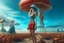 Placeholder: woman in a form-fitting outfit, standing on a beach of an alien world, watching mushrooms with jellyfish tentacles in the sky, photorealistic, Deep Colour, Fantastical, Intricate Detail, sunshine