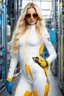 Placeholder: Hard Science fiction utopia romance human female blonde long hair augmented biotech wearing blue sunglasses in white skintight suit with yellow long gloves and yellow thigh high boots holding orange animal cat