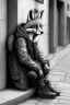 Placeholder: One single mature homeless fox with worn out clothes, sitting in a corner on the street, guitar standing on the left side, Vienna, mourning, model style, hyper realistic, extremely accurate, delicate, extremely detailed, Graphic novel style, wide-angle, open aperture, superfine pencil