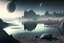 Placeholder: Alien landscape with one grey exoplanet in the horizon, pond, rocky landscape, sci-fi