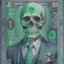 Placeholder: a head and shoulders portrait of a skeleton dressed in a three-piece suit as the president of the united states, based on us currency, united states one dollar bill, shades of green, real-life, colors match the united states one dollar bill, realistic, robotic,