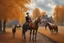 Placeholder: Fascinating, ultra-realistic nature in the photo. Golden autumn. A 32-year-old man in 19th-century Russian clothes walks towards the horses with his head raised to the sky, a smile on his face. In the background, the Russian estate of a 19th-century nobleman and three horses stand at the outhouse.