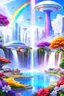 Placeholder: very beautiful, ,flowers, garden,rainbow, cité futuriste ultra moderne, ufos, cascade colorée, dômes