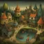 Placeholder: A surreal village inspired by Shaun Tan's and Hieronymus Bosch work