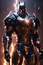 Placeholder: Dark Lord Batman mechanical robo warrior character, anthropomorphic figure, wearing futuristic mecha warrior armor and weapons, reflection mapping, realistic figure, hyperdetailed, cinematic lighting photography, 32k uhd with a golden staff, red lighting on suit, lightning thunder storm background