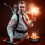 Placeholder: smoke bust of the ghost of a ghostbuster busted for smoking, ancient, magic,on dark wooden table with drinking glass,compass,brilliance, candle, , movie poster