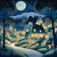 Placeholder: a painting of a night scene with houses and trees, a storybook illustration by Annabel Kidston, shutterstock contest winner, naive art, detailed painting, cityscape, storybook illustration