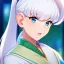 Placeholder: Clear focus, 8k, Elf, ranma drawing style, White hair, ponytail, hair in between the eyes, up close,