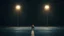 Placeholder: dog in a really dark mysterious photo of big empty indoors parking lot at day with bright lights near a forest with a feeling of isolation, a profound sense of being cut off or detached in a simple style with no signs of life