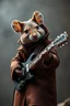 Placeholder: A mouse warring a black coat dressed brown coat, playing electric guitar