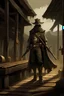 Placeholder: bounty hunter, pistol, sabre, long cape, standing on rotten planks, pilgrim hat,