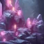 Placeholder: single pink crystal, on an altar in a foggy cave, cinematic,