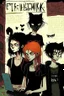 Placeholder: First plan: Black cat with three 13-15-year-old detectives - two good boys with red hair. One is tall and skinny, second is chubby and a girl with a punk look, dark clouds and brown hair, strong make-up. Second plan: a group of teenagers turned into computer-addicted zombies. Everything is located in an old town.