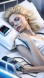 Placeholder: photorealistic hyperdetailed young woman with blonde hair lying asleep on a hospital bed with a heart monitor and tubes attached