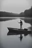 Placeholder: slender man in the middle of a lake on a boat fishing