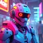Placeholder: a cyberpunk android robot, bright colours, futuristic, dystopia, stylised, digital art, 3d render