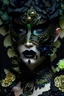 Placeholder: Beautiful faced young malachite ribbed face masque cyberpunk filigree decadent filippin woman, adorned with decadent black a rose deco punk and black iris,hydrangea floral yellow opal, black onix, obsidian rombus shape rmineral stone ribbed headress wearing black lace ribbed with white opal stone mineral and embossed floral costume dress, golden and white and black colour gradient Dusty makeup filigree organic bio spinal ribbed detail of gothica decadent dark cyberpunk shamanism