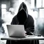 Placeholder: an anonymous writer clad in hooded garb, sitting at laptop with their back to camera, typing, hidden in gloom and dark and smoke, clandestine vibe, award-winning photo