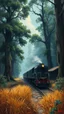 Placeholder: Bosch painting style nightmare,an midren train in the jungle surrounded with giant trees and dry grass near train station