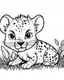 Placeholder: create a 2d black outline, "safari smiling cartoon baby gepard coloring book for toddlers", coloring page, low details design, black contour, coloring page design, simple background, colorful , card style, coloring page for kids, white background, sketch style, safari landscape, cartoon style