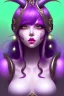 Placeholder: cute purple haired devil girl with bright green eyes and 2 black horns on her head wearing a purple/pink dress