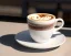 Placeholder: Cappuccino art microfoam in white glossy mug saucer Crawford plaid napkin Demitasse