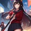 Placeholder: Clear focus,High resolution, Black long hair, Red eyes, Red horns, Wearing a black and red sailor uniform, Swinging a baseball bat