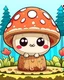 Placeholder: A cute kawaii mushroom is sitting on a tree stump in the forest, It has big, glassy eyes that are sad and full of sorrow, Its body is brown, and its hat is white with black dots, The background is a forest with trees, bushes, and flowers, Use bright and vibrant colors to create a fun and cute effect, Add simple patterns and shapes to create an easy-to-color image,Use cute and creative details to add personality