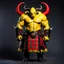 Placeholder: a Monster. who is big and has patch work scaling for skin. and horns. he is also wearing a Scottish clan kilt that's yellow black and red.