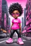 Placeholder: create an airbrush illustration of a chibi cartoon voluptuous black female. Wearing a hot pink t-shirt and tight black jeans with hot pink Nike sneakers. Prominent make up with hazel eyes and she is wearing pink glasses. Extremely Highly detail of a very low platinum shiny black pixie haircut. Background of a busy city street.