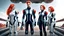 Placeholder: Photorealistic picture of a young man in a flight suit with two tall, slender female androids in biosuits, one with red hair and one with white hair, standing on the bridge of a spaceship.