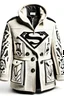 Placeholder: Men's Superman's Balenciaga Winter Trenchcoat elegant inspired by Superman's Big emblem design beige tones with dual color on a white background, product catalog photography, soft spot lighting, depth of field, 4k –ar 3:5 –q 2