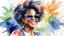 Placeholder: Watercolor happy american black woman sunglasses portrait head and shoulders