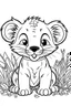 Placeholder: cute coloring page, sketch style, cute baby Lion in the jungle, cute cartoon, white and black, withe background, no shadows, outline.