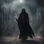 Placeholder: cinematic shot of a biologically extraterrestrial Grim reaper in a ethereal world, There is a shadowy energy surrounding him with particals floating everywhere. The vibe is dark, evil and eerie in a photorealistic style shot with Sony Alpha a7R IV 35mm f/2.8 GM