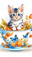 Placeholder: Kitten in a Teacup , repeating patterns design, fabric art, flat illustration, Vector, 4K, Art station, digital print, highly detailed clean, vector image, photorealistic masterpiece, realistic butterflies , flat background, isometric, bright vector, white background, 500 leaf, bright color, beautiful