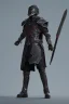 Placeholder: A warrior with a matte black combat helmet and eyes with bright blue flaming pupils, a black cape and a long coat with long combat boots and a long, sharp and fiery spear and with his helmet under his cape and two blue flames instead of eyes