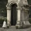 Placeholder: a couple walking in Père Lachaise cimetery in Paris, the woman is wearing a white dress and is pointing something in the background, hyper-realistic style, cinematography, 4K