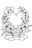 Placeholder: outline art for visually rich appealing heart ikebana orchids plumeria spa rounded stones around candles, coloring page for kids, white background, fit to page, only use outline, clean line art, no shadows, clear and well outlined