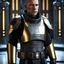 Placeholder: star wars bald male corellian pilot wearing pearlescent black and gunmetal grey First Order special forces heavy assault armor and helmet with gold trim inside the jedi temple, centered portrait, hyperdetailed, dynamic lighting, hyperdetailed background, 8k resolution, volumetric lighting, light skin, fully symmetric details