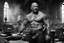 Placeholder: [very impressive high res masterpiece in Kodak Eastman 5247, scene by László Krasznahorkai] bald Charles Bronson as Vulcan covered with tattoos, the deity of hell and blacksmith of gods, in his smoky workshop, his hands are surrounded by an aura of power