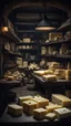 Placeholder: Si-Fi, The permanent under atmospheric lighting effects, a whole tables and shelves filled with all kind of cheese blocks . intricate historical moody atmosphere, eerie grimdark ambiance, complex motherboard accents, speculative fiction art. Bokeh