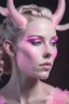 Placeholder: fine-art, photography of a half woman, half goat, a eyes Closed by stitches horn like a goat, in the style of glitter pastels, surgical, stitches on mouth, light-pink, ceramic face