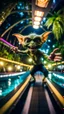 Placeholder: fisheye selfie by furry hairy pimp rocker alien giant gremlin on bridge over water slide dancing in dark lit reflective wet jungle hall hotel tunnel,bokeh like f/0.8, tilt-shift lens 8k, high detail, smooth render, down-light, unreal engine, prize winning