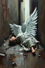 Placeholder: Abstract grunge oil painting of an Urban alley grunge scene, fallen angel laying on ground in ripped robes, white stained wings, feathers misplaced, slight glowing, but broken halo. Dirty walls, graffiti in Latin, oil on the ground. Harsh shadows and goth undertones. areal view looking down , messy brush strokes, close up