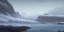 Placeholder:  a bleak vast empty cold land by a cold seaside, a small cattle farm in the distance, mountains in the distance, misty, snowy