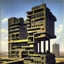 Placeholder: Brutalist flat in the outskirts of a big city, schizophrenic, paranoic, strong texture, Max Ernst style